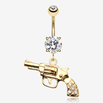 Golden Pistol Gun Sparkle Belly Ring-Clear Gem
